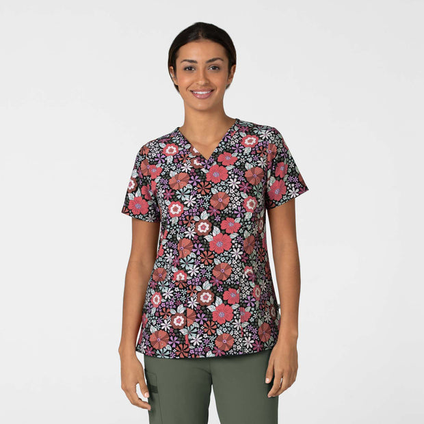 6657-Women's Fitted V-Neck Print Top